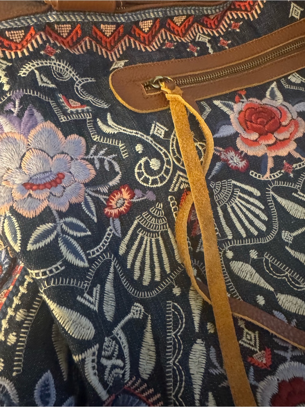 Johnny Was Navy Denim Embroidered Floral Weekender Bag with Brown Trim - Picture 10 of 13